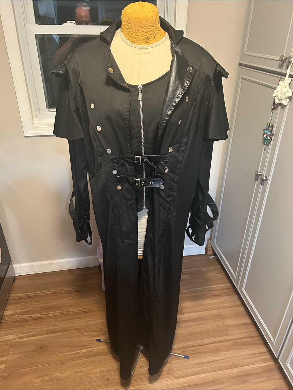 Modern Goth Steampunk Black Long Trench Coat with Buckle Detail Size 3XL
